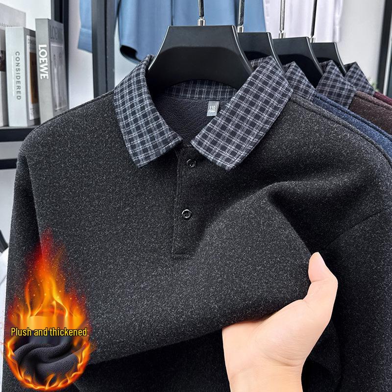 

Men s Faux Two-Piece Thick Velvet Polo Neck Wool Sweater - Warm Base Layer for Young & Middle-Aged M/165 (90-110 jin) чорний