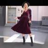 Autumn and Winter Solid Color Outside Long-sleeved Dress Commuter V-neck Pleated High-waisted Dress