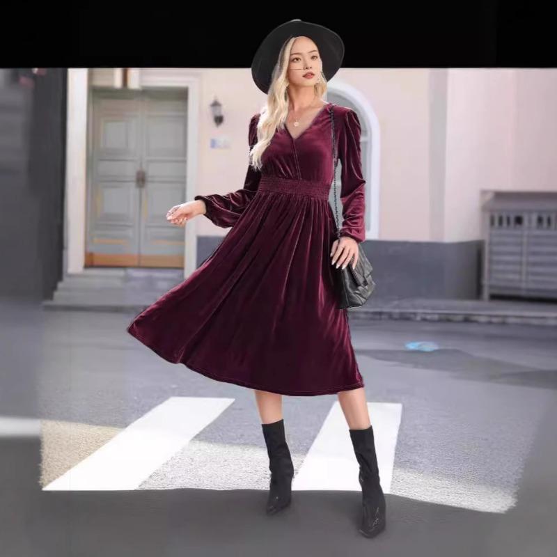 Autumn and Winter Solid Color Outside Long-sleeved Dress Commuter V-neck Pleated High-waisted Dress