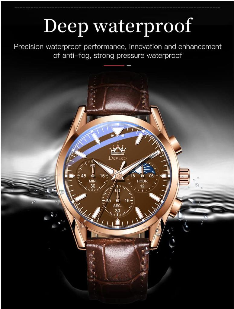 Men's Business Watch with Leather Band, Stylish Waterproof Watch with Calendar Display and Luminous Design, a Great Gift for Men (Brown)