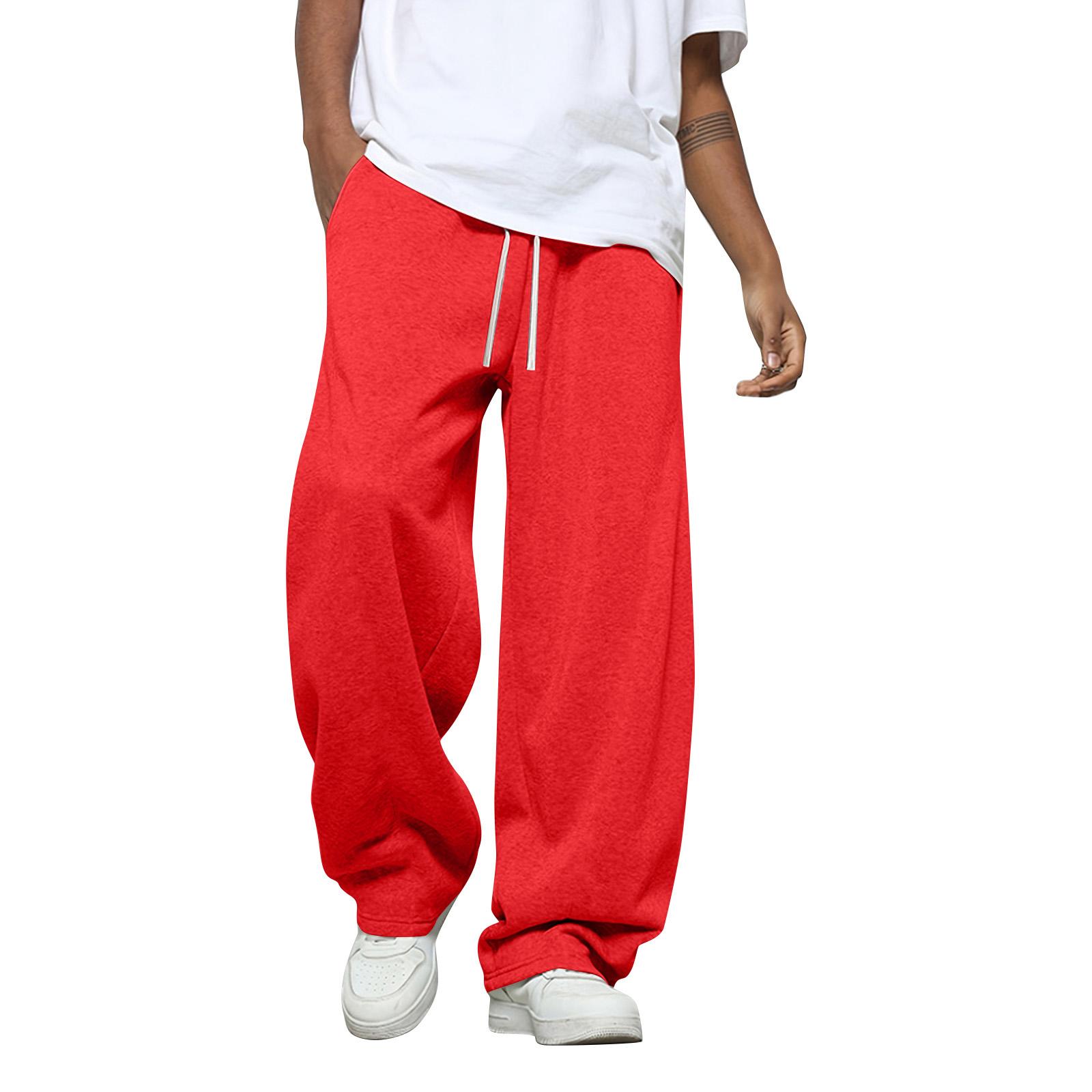 Gouhuo Heren Effen Kleur Losse Wijde Pijp Joggingbroek Heren Casual Mode Joggingbroek XL rood
