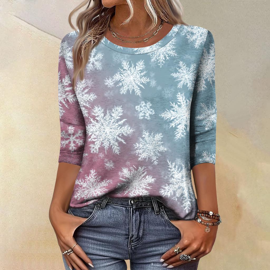 Women's Fashion Casual Christmas Tree Printed Round Neck Three-Quarter Sleeve T-Shirt Top