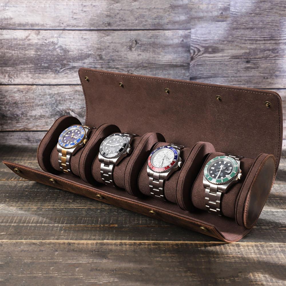 Vintage Genuine Leather Watch Roll Box Case Organizer Display Storage Box Genuine Leather Circular Hexagon Watch Display Case