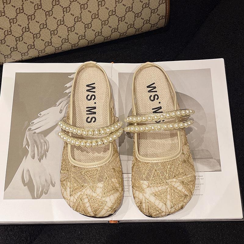 Mesh breathable bag head half slippers women's new summer wear fashion flat bottom French Mary Jane sandals tide