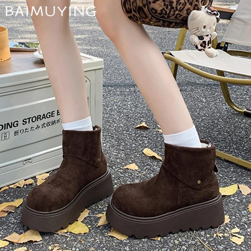 Platform Women Snow Ankle Boots Suede Short Plush Cotton Flats Shoes 2025 Trend Warm Casual Cozy Non-slip Winter Botas De Mujer