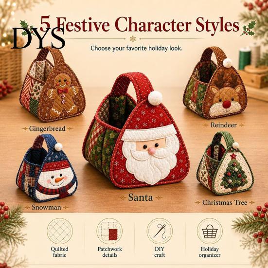 Holiday Decorative Tote DIY Quilted Christmas Basket Kit, Character Plaid Fabric Carry Tabletop Ornament Holder Craft Set, Storage Sewing Project,