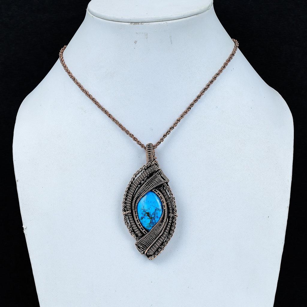 Tibetan Turquoise Pendant, 999 Copper Wire Wrapped Gemstone Jewelry, Handmade Pendant, For Thanksgiving