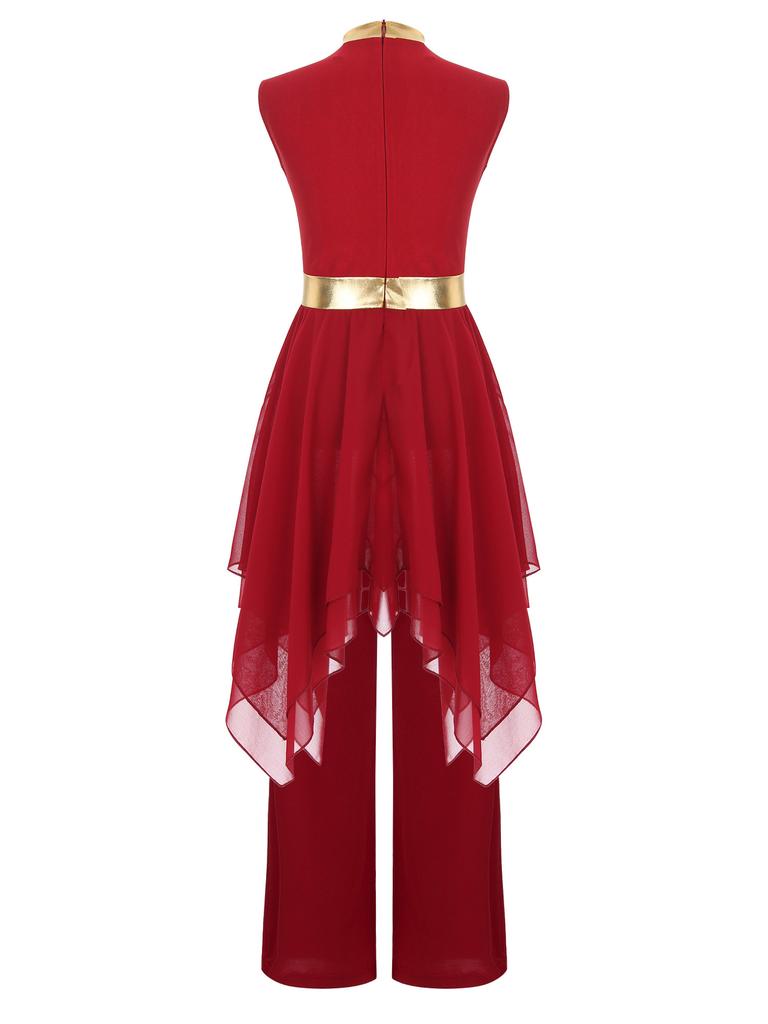 Praise Dance Costume for Kids Girls: Asymmetrical Sleeveless Metallic Dress & Comfortable Wide-Leg Pants with Elastic Waist