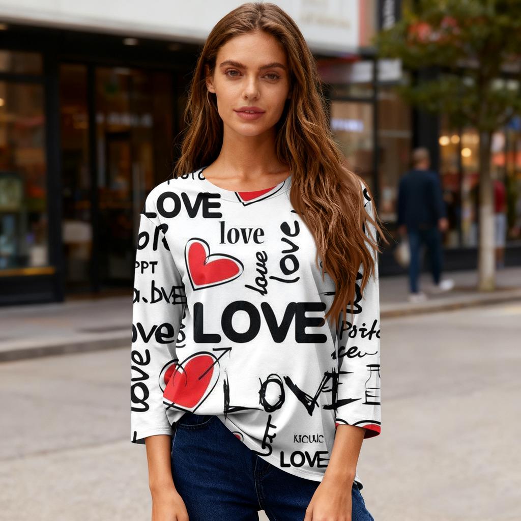 Damen Valentinstag Print Mode Lässig 3/4 Ärmel Rundhals Oberteil