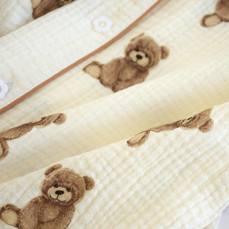 Women's Long-sleeved Trousers 100% Cotton Pajamas Double-layer Gauze Loungewear Crepe Breathable Cartoon Bear Print Pyjamas