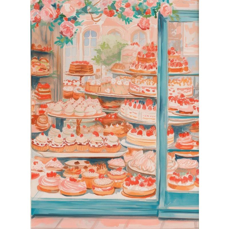 Pastel Strawberry Basket Watercolor Poster Cake Desserts Canvas Painting Trendy Wall Art Girly Kitchen Room Home Decor Mural