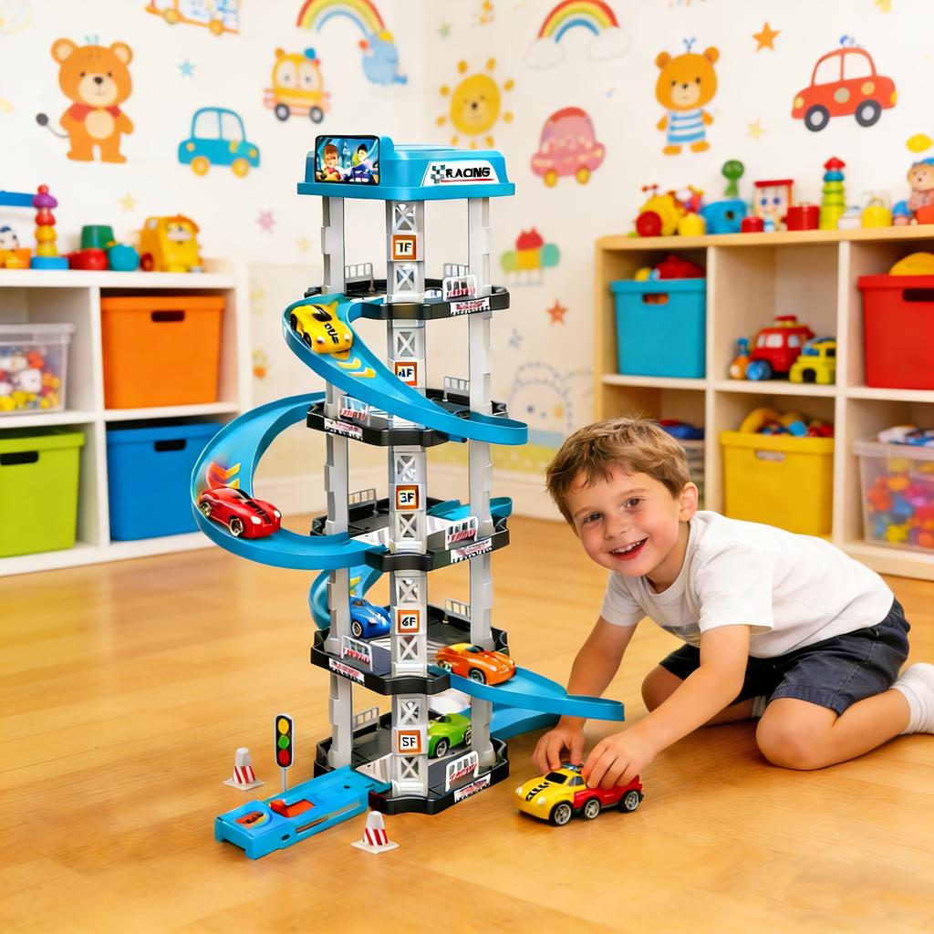 5-Level 3D Parking Garage Track Playset with 2 Cars, 360° Rotating, Drift Tracks, Helipad & Launcher | DIY Assembly Educational Toy