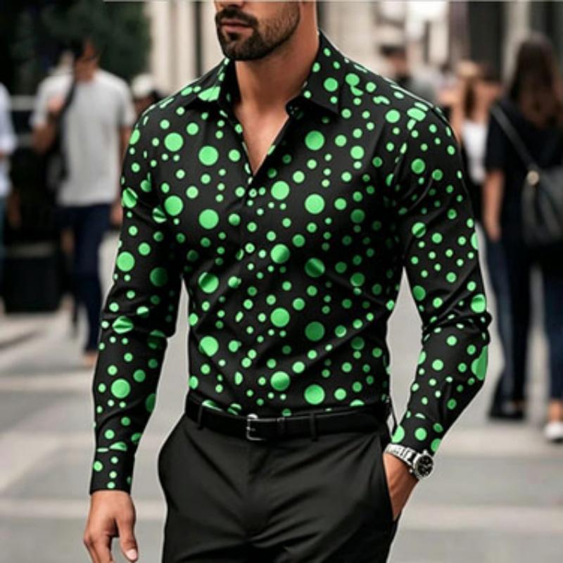 Men's Shirt with Polka Dot Print Long Sleeved Shirt, Outdoor Casual Style, Slim Fit Collar Shirt, Men's Casual Formal Top