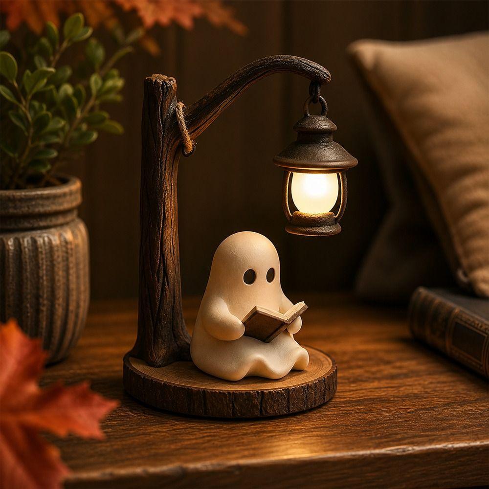 Resin Reading Ghost Figurine Hanging Lantern LED Ghost Decoration Bookshelf Decor
