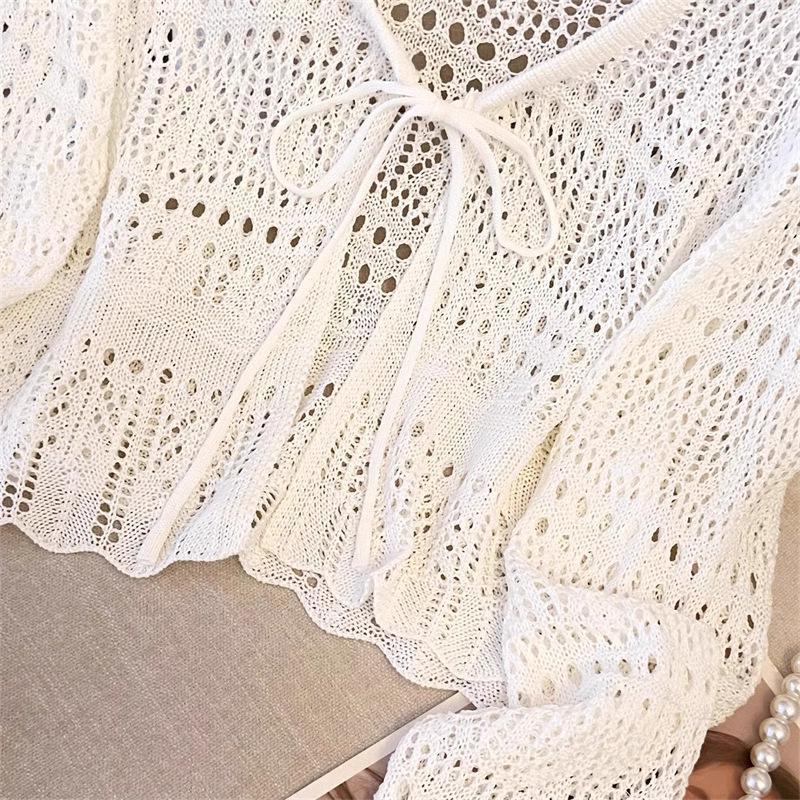 Jarně-letní háčkovaný lněný kardigan šál se zavazováním vpředu - Dámský svrchní oděv s ochranou proti slunci