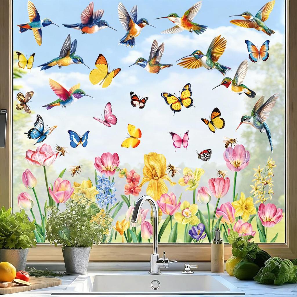 2026 Spring Window Stickers: Butterfly Flowers & Hummingbirds, Double-sided Glass Decoration for Living Room