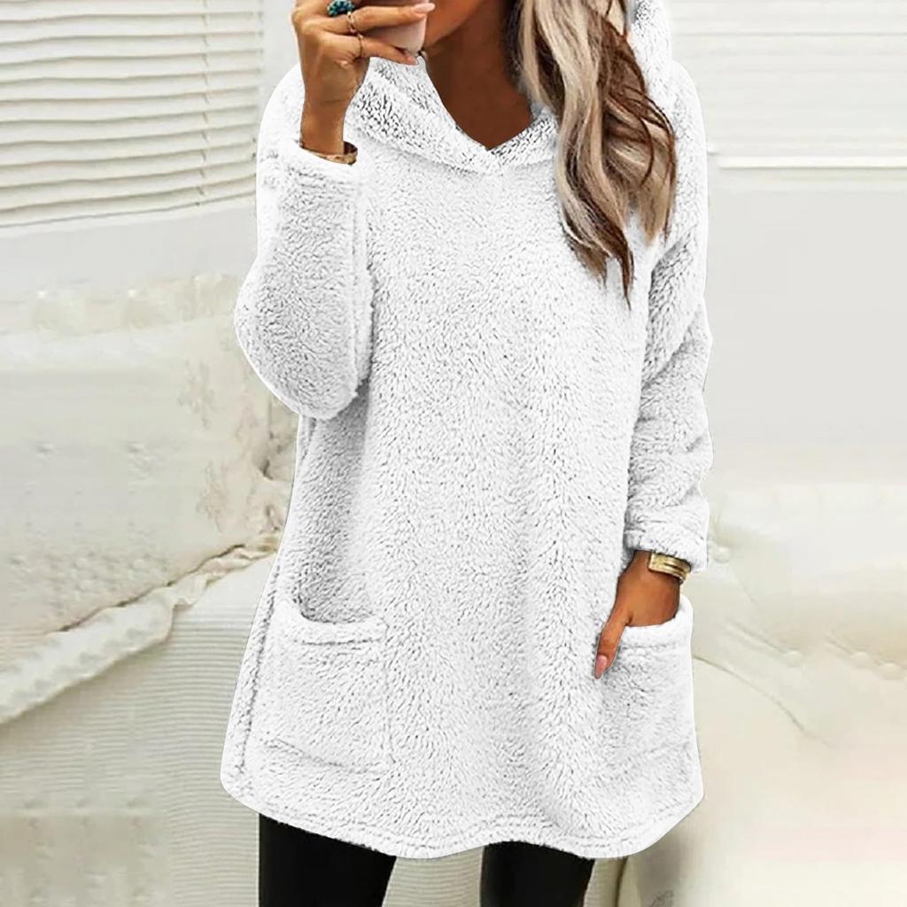 Women's Fashion Casual Long Sleeve Pocket Double Sided Fleece Color Hooded Sweatshirt Top