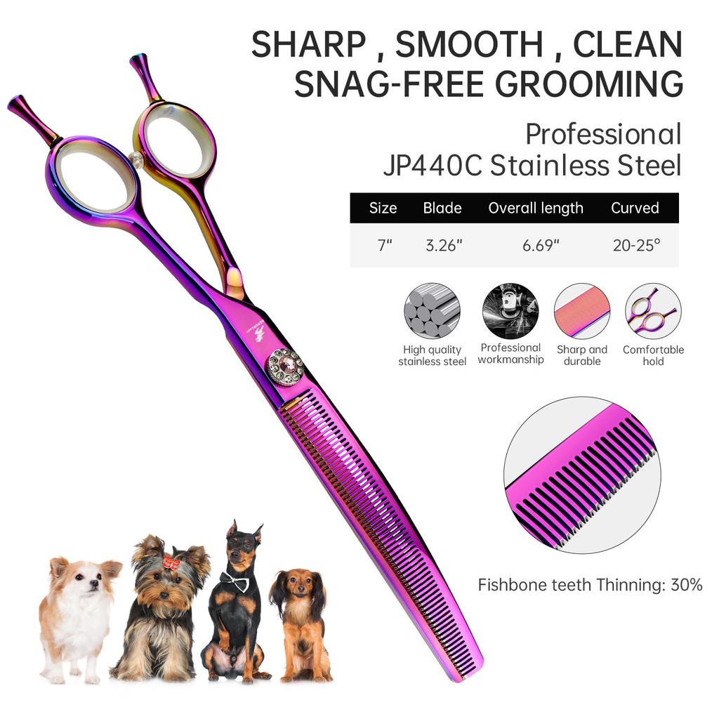 7.0 inch JP440C pink dense tooth curved tooth cosmetic scissors curved scissors, pet trimming scissors curved tooth scissors