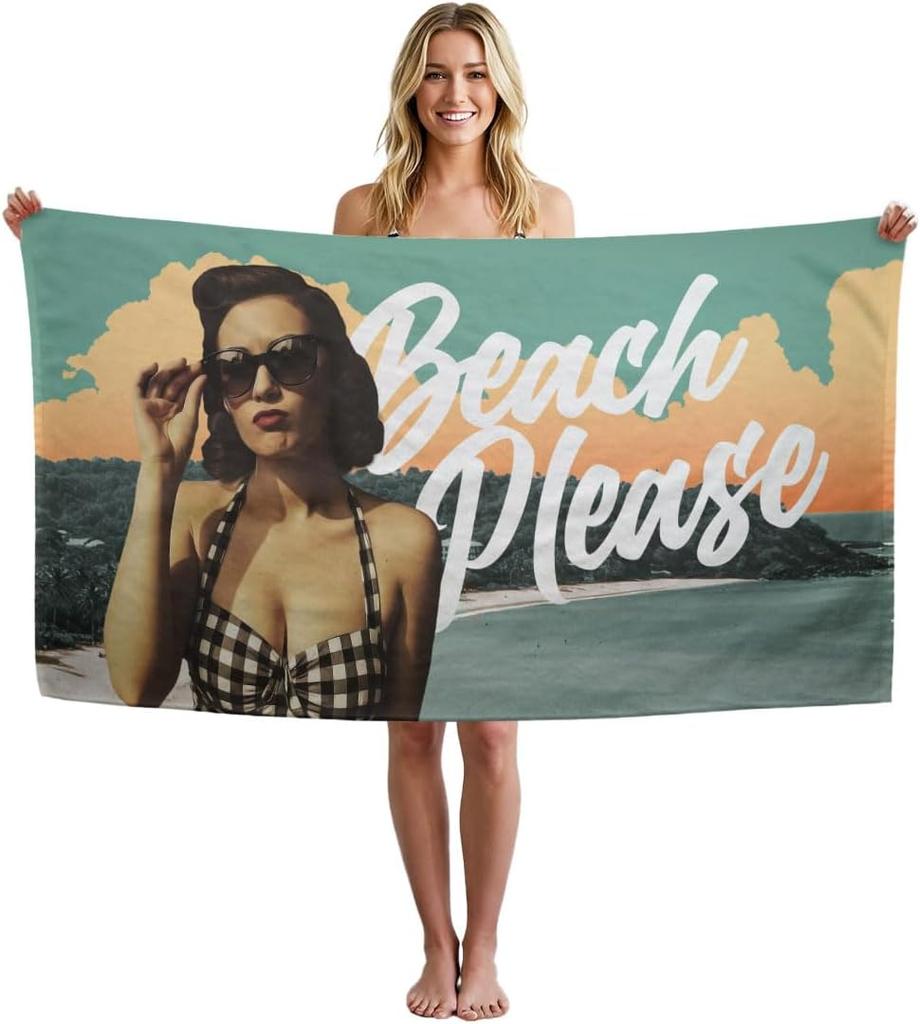 Funny Retro Beach Towel, Colorful Hilarious Design Quick-Dry Sand-Free Bath Towel for Vacation, Cruise and Party