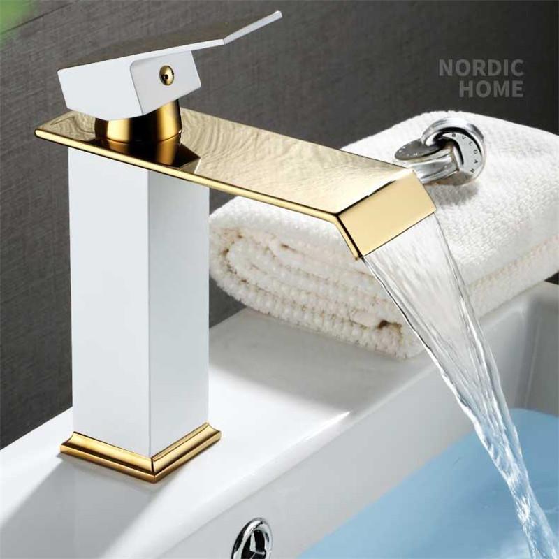 Basin Faucet Gold and Black Waterfall Faucet Brass Bathroom Faucet Bathroom Basin Faucet Mixer Tap Hot and Cold Sink Faucet