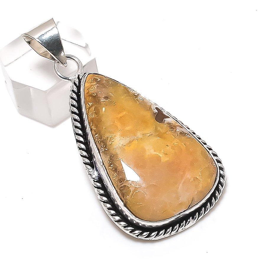 

Fossil Coral Gemstone Handmade 925 Sterling Silver Jewelry Pendant 2.25 p7O02