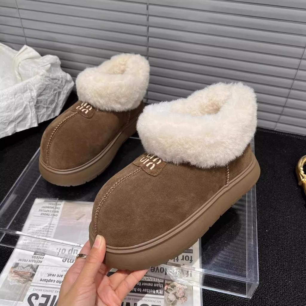Thick-soled snow boots women's new winter velvet matte leather low-top big head one-pedal warm fluffy cotton shoes