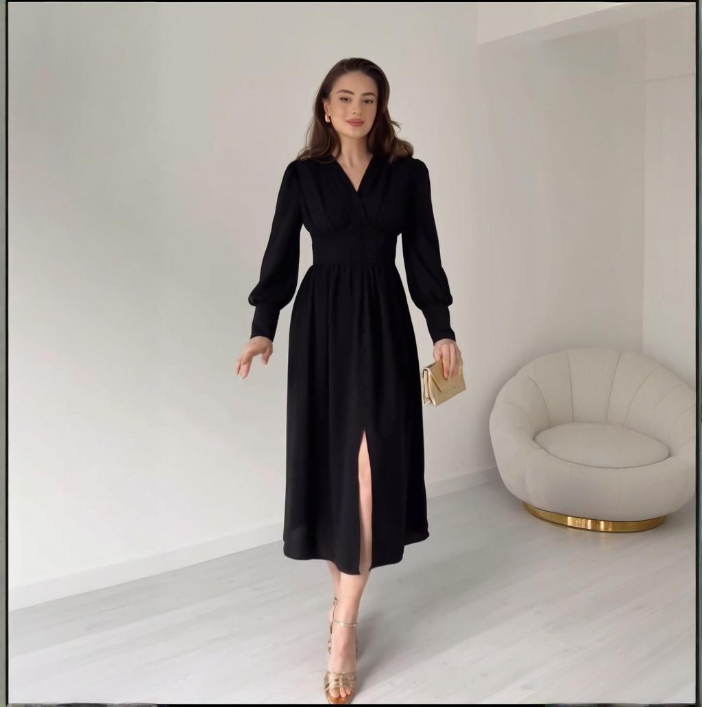 

2025 Elegant V-neck Button Slit Dress - Slimming, Feminine European & American Style for Spring. S