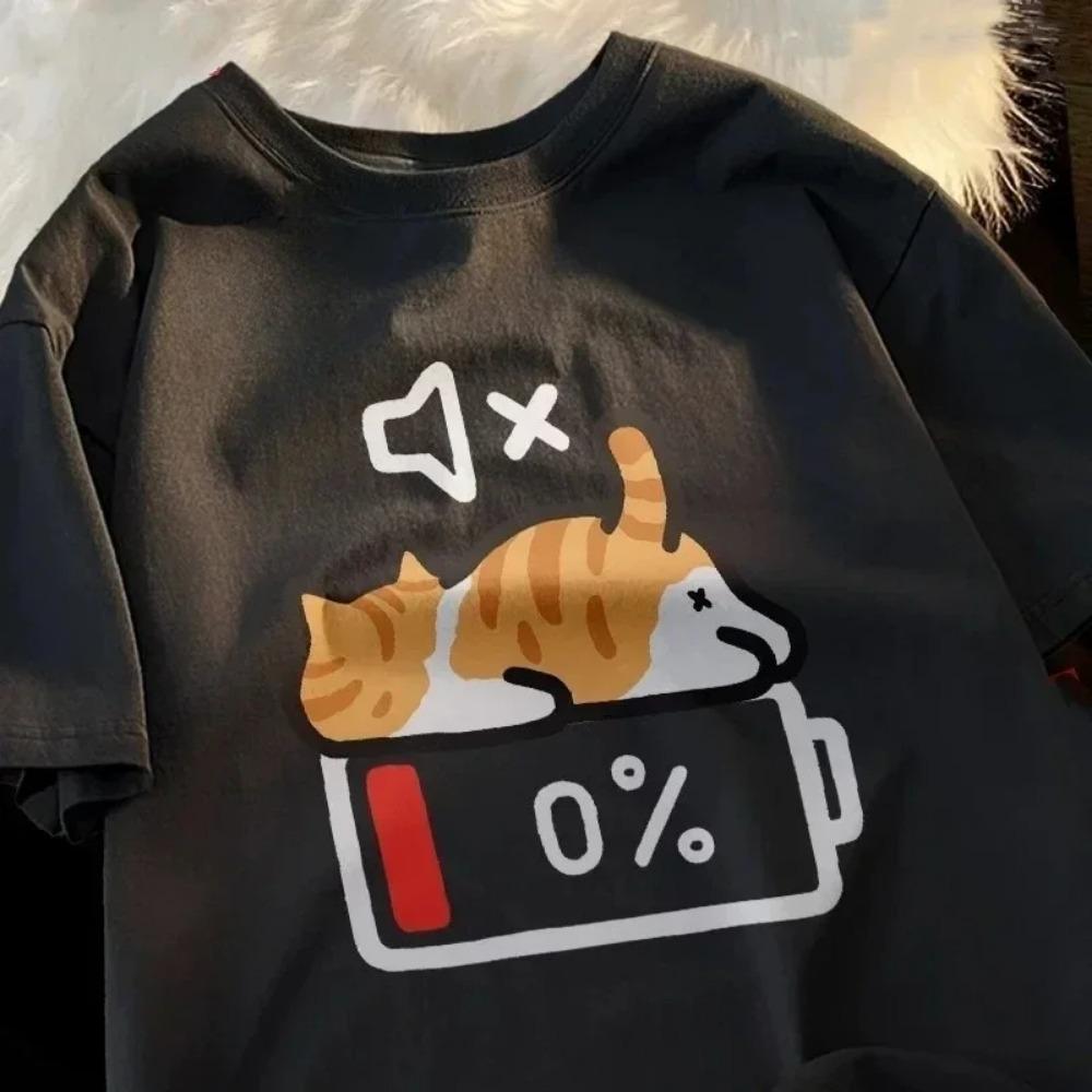 2026 New Cute Low Battery Cat Print Round Neck Short-Sleeve TShirt Summer Collection Hot Woman Clothes T Shirt Aesthetic Clothes