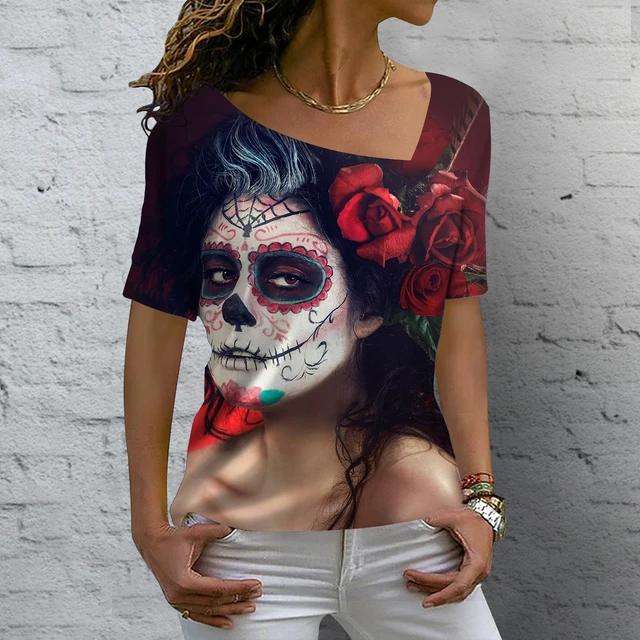 Summer V-neck 3D Skull Rose Print Top Fashionable Casual Short Sleeved Women's T-shirts