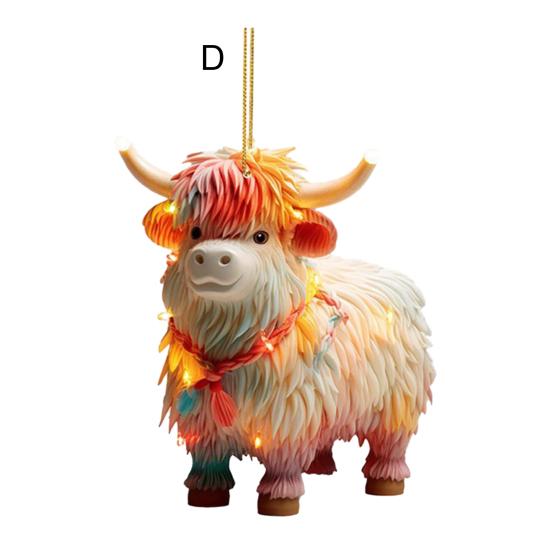 Christmas Cow Ornament Xmas Tree Cartoon Highland Cow Hanging Decorations 2D Flat Acrylic Pendant for Car Rearview Mirror Tree Decor