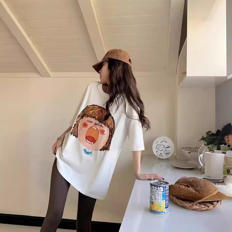 New White Cartoon American Doll Short-sleeved T-shirt Women's 2025 Spring and Summer New Loose Front Shoulder Top Trendy
