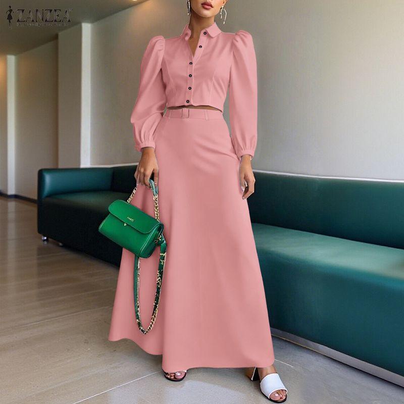 ZANZEA Women Sets Long Sleeve Blouse and Pleated Skirts Casual Two Piece Suit