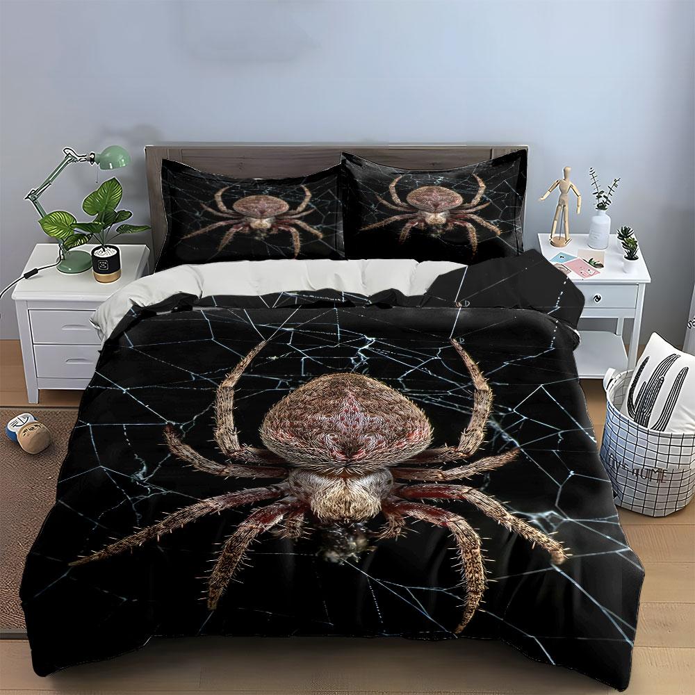 Realistic Spider On Web Pattern Bedding Duvet Cover Set (1*Duvet Cover 2*Pillowcases, Without Duvet Insert)