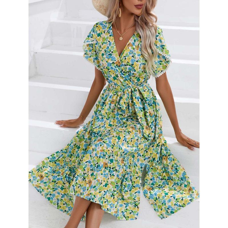 Summer Short Sleeve Floral Printed Women Dress New V Neck Fashion Elegant Loose Casual Party A-line Dresses Female Lace-up Women's Clothing