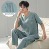 Men's Summer Cotton Pajamas 3-Piece Set: Short Sleeve Top, Long Pants, Casual Thin Shorts Home Wear