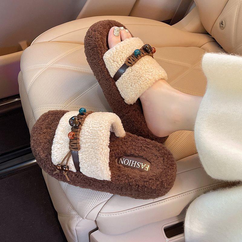 Home super fire lamb wool new autumn and winter 2025 cotton slippers thick bottom fluffy slippers women wear warm