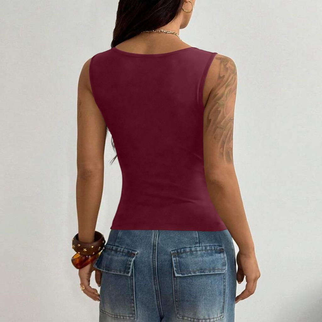 Women’s Casual Fitted Sleeveless Square Neck Tank Top with Metal Eyelet Detailing for Everyday Streetwear