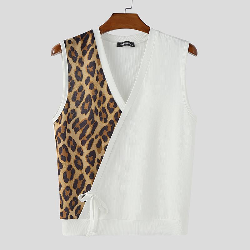 

INCERUN Men V Neck Sleeveless Leopard Print Patchwork Casual Rib Tank Tops 4XL белый