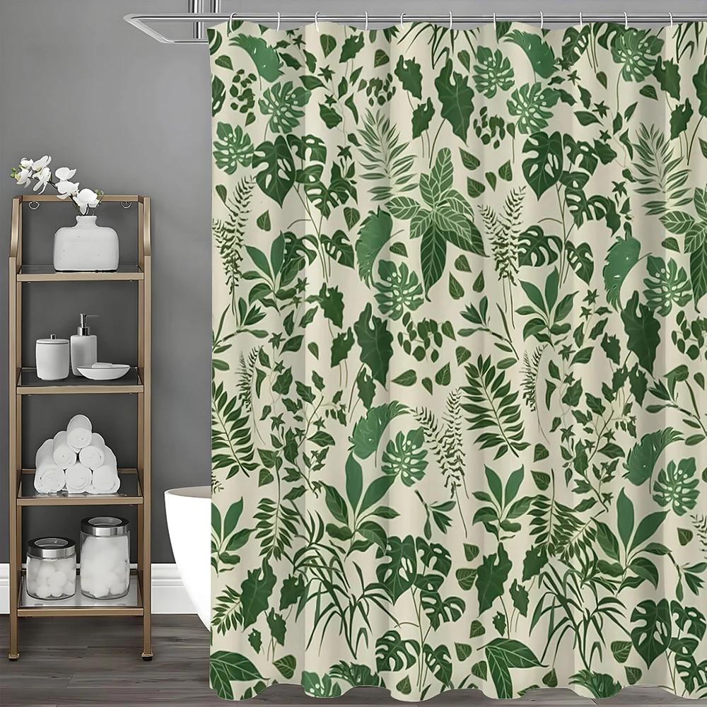 Green Leaf Shower Curtain, Bathroom Decorative Shower Curtain, Waterproof Shower Curtain with Hooks