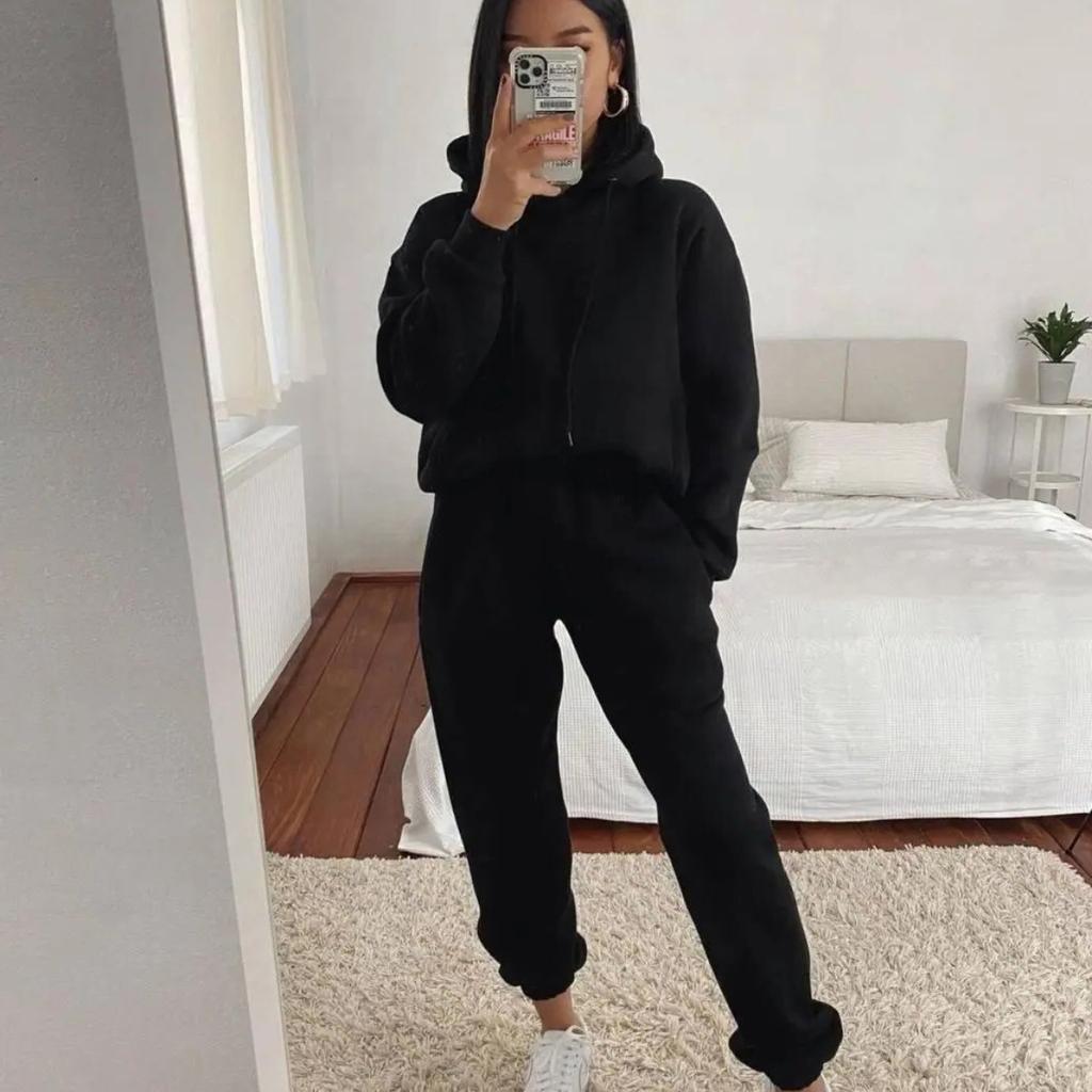 1116 Yama European and American popular casual hooded long-sleeved pocket sweater solid color sports suit two-piece set