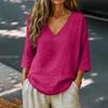 Women's Relaxed Fit V Neck Linen Cotton Three Quarter Sleeve Casual Blouse Top for Everyday Wear and Comfort
