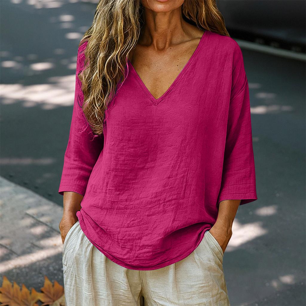 Women's Relaxed Fit V Neck Linen Cotton Three Quarter Sleeve Casual Blouse Top for Everyday Wear and Comfort