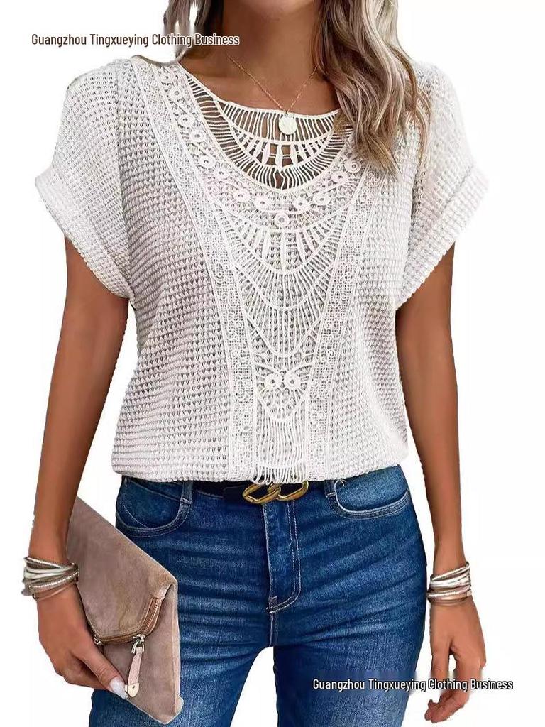 Women's Lace Patchwork Short Sleeve T-shirt for Spring/Summer