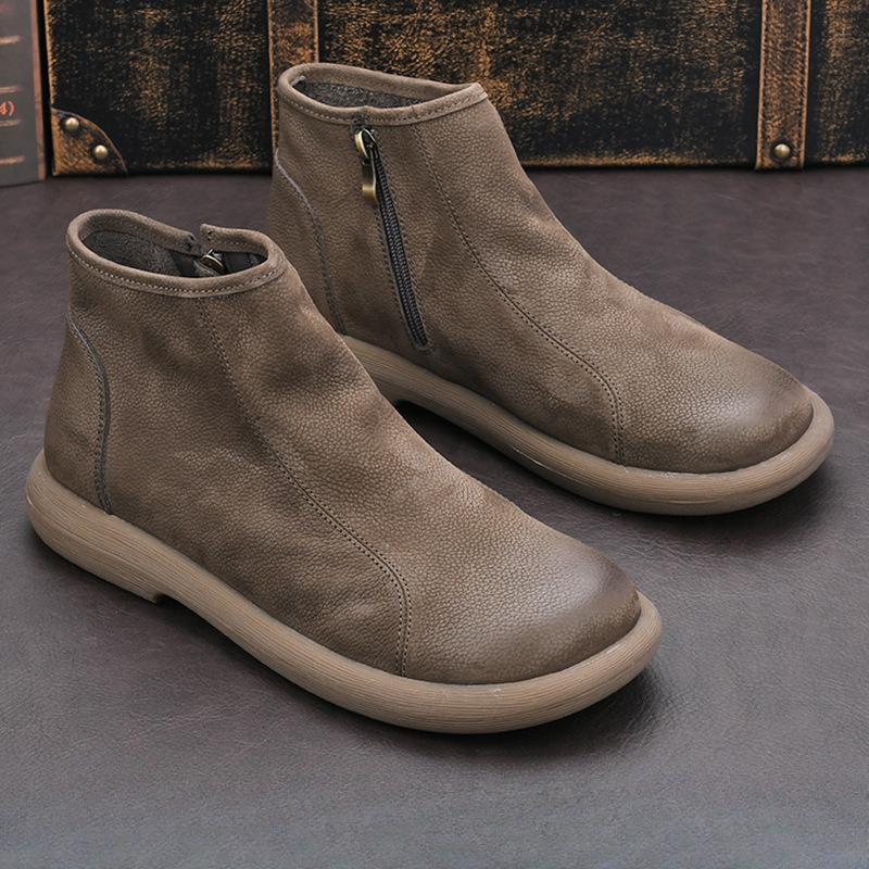 Genuine Leather Men's Toe Layer Cowhide Frosted Soft Leather Martin Boots Men's Chelsea Retro British Zipper High Top Short Boots