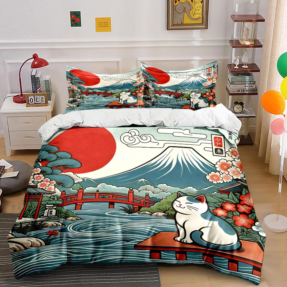 Grosstor Unisex Japanese Scenery Cute Cat Pattern Three-Piece Set Exquisite Three-Piece Bedding Set Gift For Kids And Adults