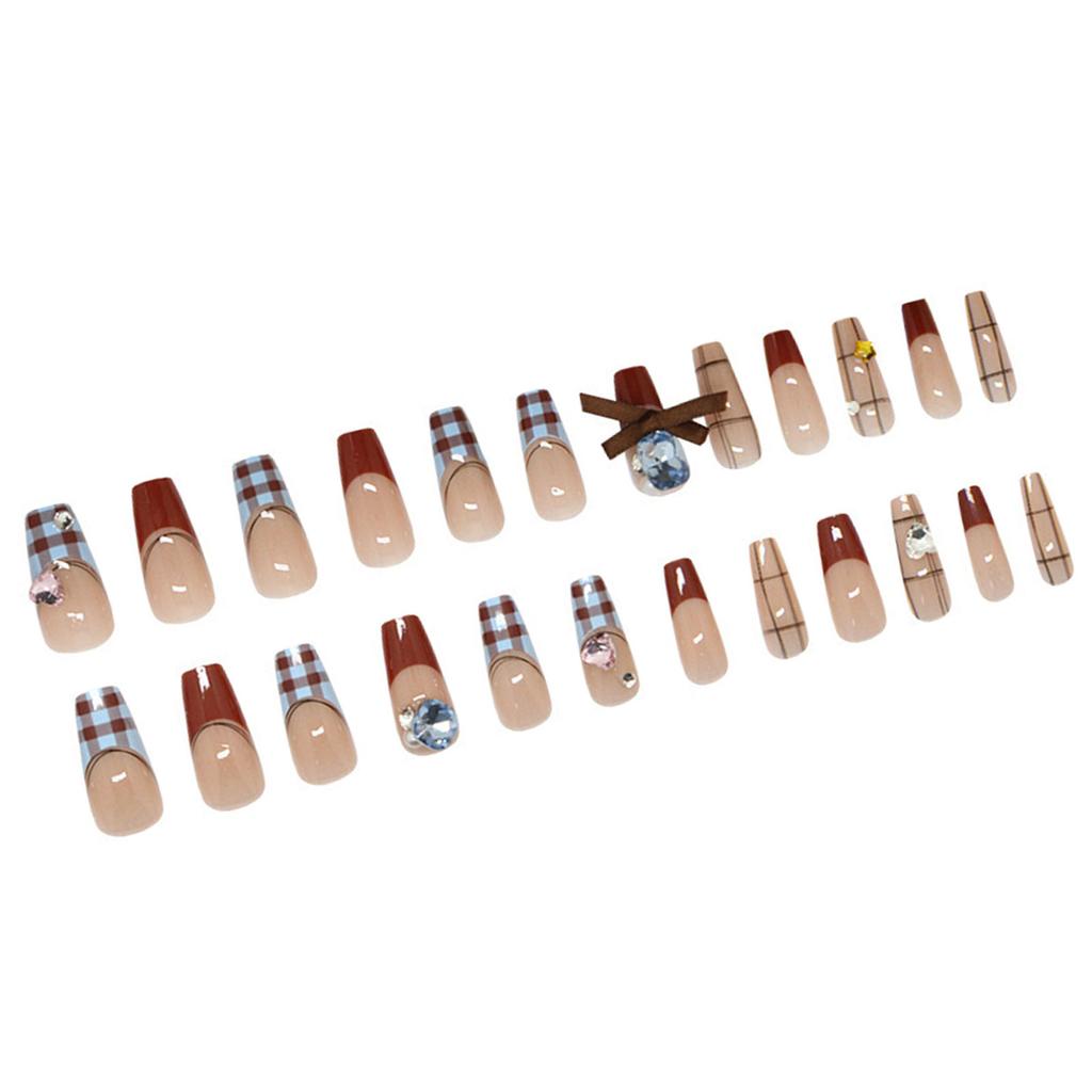 24 Pieces Elegant Checkered Patterned Press on Nail With Delicate Bowknots False Nail Suitable For Fashion Ladies