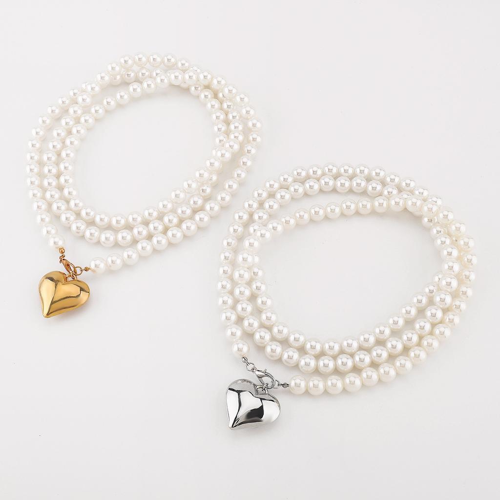 Women European Simple Creative Pearl Sweater Necklace Fashion Popular Heart Shape Multi-Layer Layered Necklace For Women