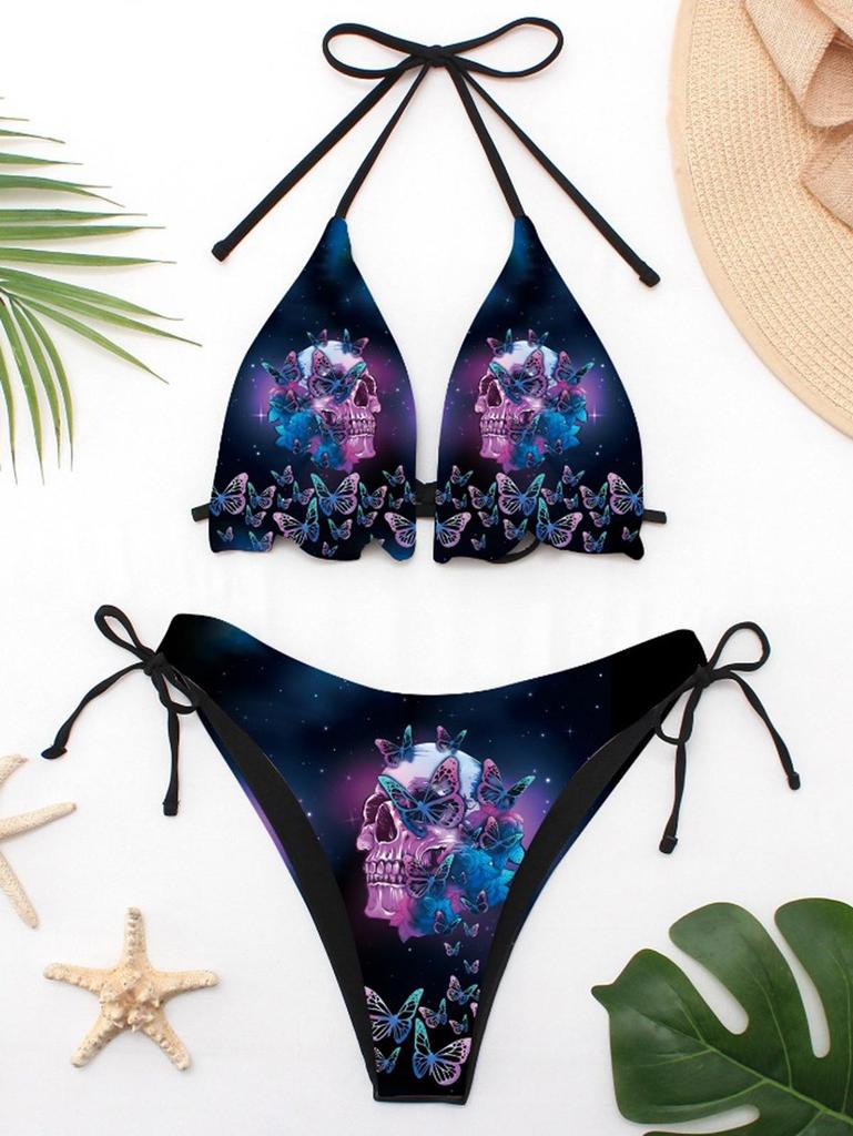 Rosegal Gotický Lebka Motýl Ombre Galaxy Potisk Zavazovací Halter Bikiny Set