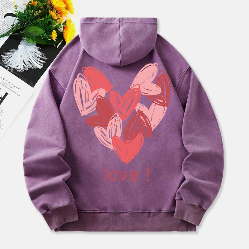 Love Heart Washed Hoodies Women Pink Graffiti Printing Cotton Streetwear Oversize Pocket Warm Womans Clothes