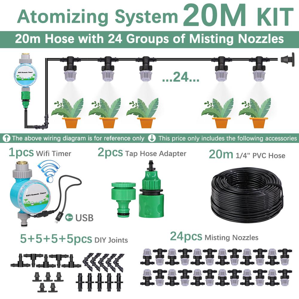 30-10m 60W Self-priming Pump Kit Misting Cooling System 1/4" 4/7mm Adjustable Nozzle Atomizer Sprayer Garden Irrigation Watering
